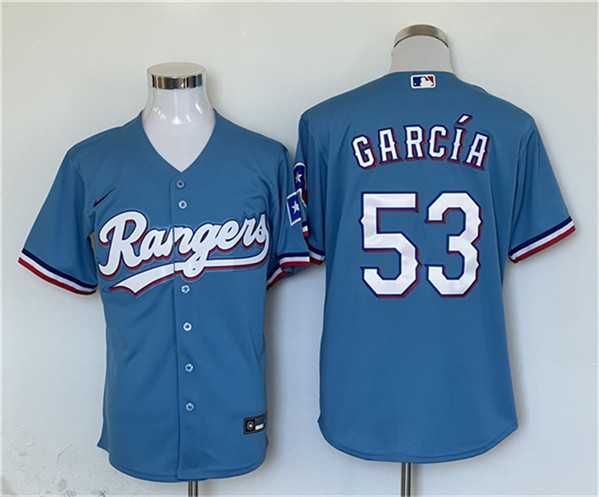 Men%27s Texas Rangers #53 Adolis Garcia Blue With Patch Cool Base Stitched Jersey